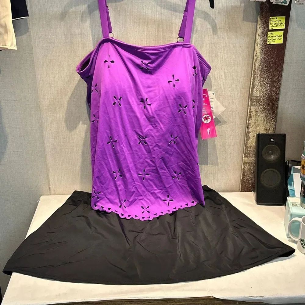 NEW Fit 4 U Tankini Swim Skirt Two-Piece Swimsuit Sz 26W Purple Black Skort Adju